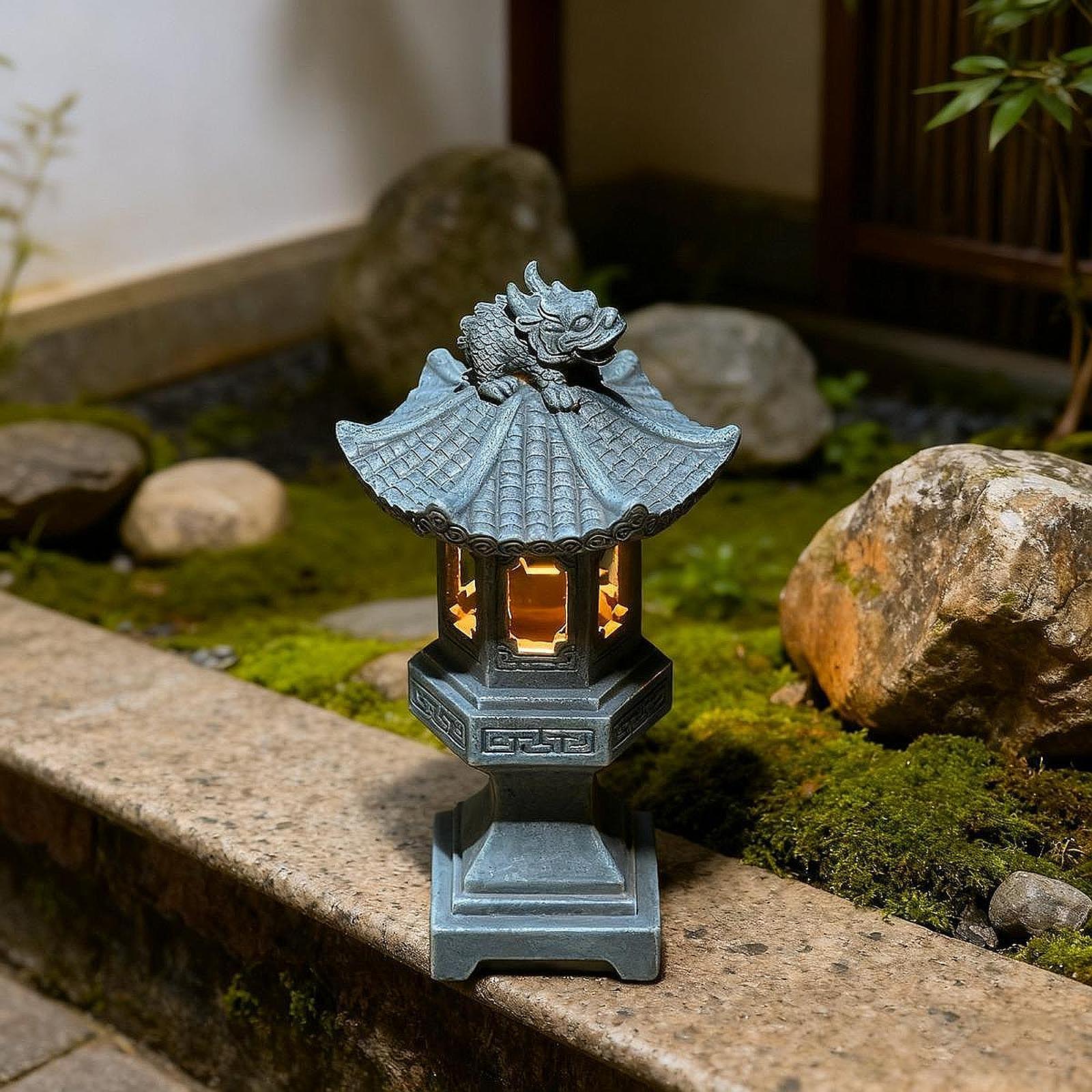 Home Security Yard Sign - Solar Pagoda Lantern with Lantern Garden